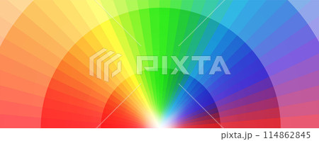 放射状に広がる36色のレインボーグラデーションと半円のバナー、ヘッダーデザイン 114862845