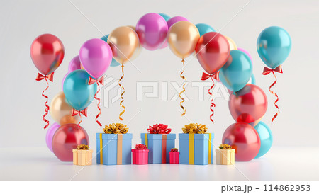 3d rendering of colorful balloons arch with gift boxes isolated on white background 114862953