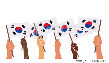 South Korea Liberation Day. Banner with Korea flags in human hands. Banner, poster, holiday illustration. Vector 114863014