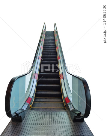 escalator in shopping mall isolated with white floor escalator in shopping mall isolated with white floor 114863530
