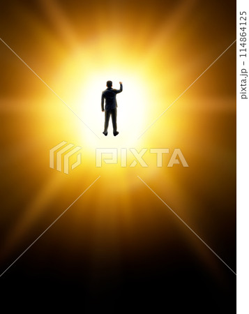 Business man raises his hand to show success. back view 114864125