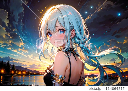 水面に映るライトの夜景にたたずむ少女 水面に映るライトの夜景にたたずむ少女 114864215
