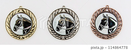 Equestrian medals honor winners and participants in horse riding with gold, silver, and bronze 114864778