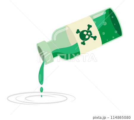 Drop of poison dripping from glass test tube in water. Hazardous substance bottle. Making dangerous witch potion. Cartoon vector isolated on white back 114865080