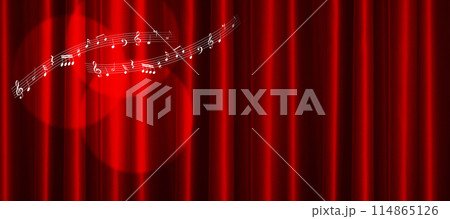 音符と赤いカーテンとスポットライト、背景素材 114865126