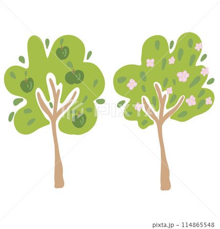 Apple trees blooming and harvest apples set flat design 114865548