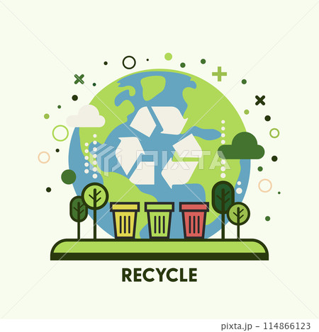 Recycle concept. Green Earth background. Flat minimal style. Vector Illustration. Recycle concept. Green Earth background. Flat minimal style. Vector Illustration. 114866123