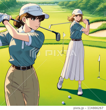 ゴルフのラウンド前に練習するゴルフ女子2人 114866267