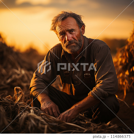 Explore the world of agriculture with a farmer cultivating the land with skill and precision. Follow the farmer's journey in the field, appreciating the essential role farmers play in our lives 114866375