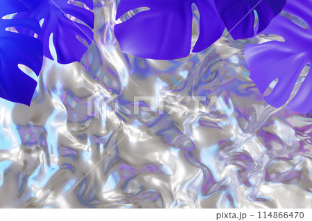 Dreamy holographic background featuring fluid textures and vibrant tropical leaves. Copy space for text. Color gradient, y2k style, 2000s. Iridescent surface. Monstera plant. 3D render. 114866470