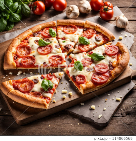 Delicious pizza topped with cheese, tomato on wooden table. 114866569