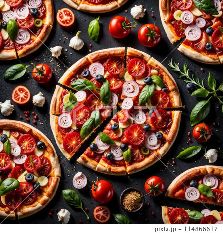 Tasty sliced pizza on black concrete background top view of hot pizza. 114866617