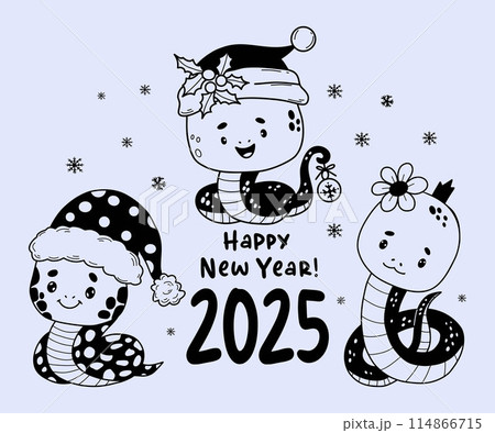 Christmas holiday snakes collection. Cute winter reptile in Santa hat and princess girl animal in doodle style. Vector isolated hand drawings. 2025 Year Snake according to Chinese lunar calendar. 114866715
