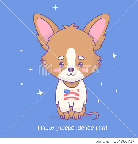 Cute dog chihuahua in t-shirt with American flag. American Independence Day card. Funny cartoon kawaii animal character. Vector illustration. Kids collection Cute dog chihuahua in t-shirt with American flag. American Independence Day card. Funny cartoon kawaii animal character. Vector illustration. Kids collection 114866717