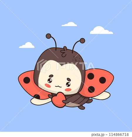 Flying ladybug with heart. Cute cartoon insect kawaii character. Vector illustration Flying ladybug with heart. Cute cartoon insect kawaii character. Vector illustration 114866718