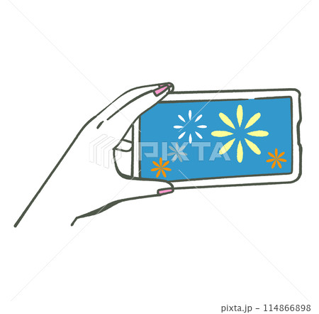 スマートフォンで花火を撮影する手とスマートフォン　イラスト素材 114866898