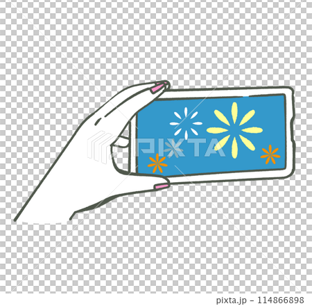 スマートフォンで花火を撮影する手とスマートフォン　イラスト素材 114866898