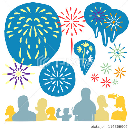 大空に打ちあがる花火と見上げる人々　イラスト素材 114866905