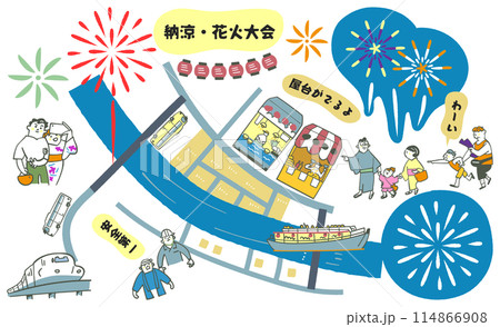 花火大会を楽しむ人々と設営に尽力する人々　イラスト素材のセット			 114866908