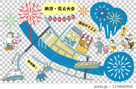 花火大会を楽しむ人々と設営に尽力する人々　イラスト素材のセット			 114866908