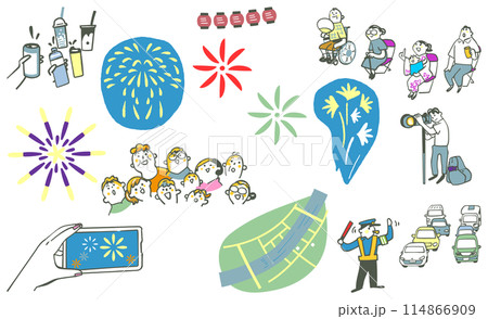 花火大会を楽しむ人々と設営に尽力する人々　イラスト素材のセット			 114866909