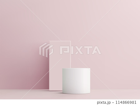3D white cylinder podium with rectangle board sits on a soft pink wall background, minimal concept, product display, mockup, showroom 114866981