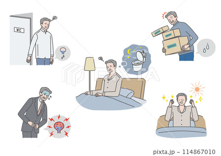 シニア男性の尿トラブル（尿漏れ・残尿感・夜間頻尿・膀胱炎）イラストセット 114867010