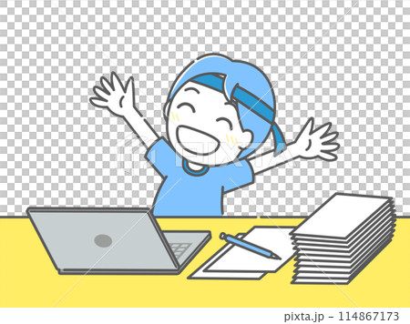締切に間に合い万歳をする人(背景なし) 114867173