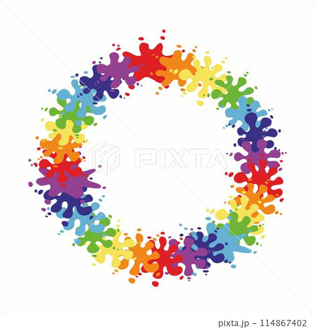 Color paint splashes round frame or border background. Rainbow colors. Gradient vector frame. 114867402