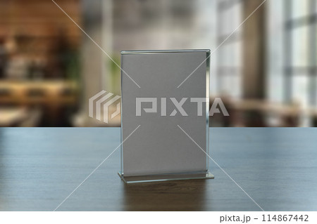 Stand Mock up Menu frame tent card blurred background design key visual layout. 114867442