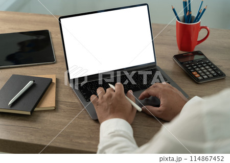 Closeup view Businessman analyze hand typing 114867452