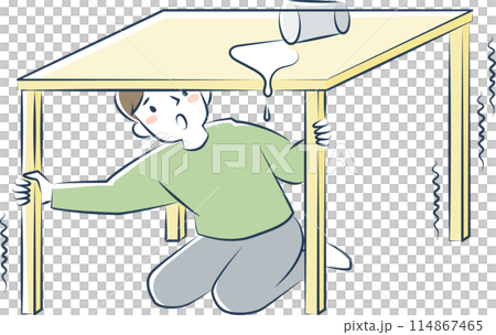 地震のとき机の下で身を守る男性 114867465