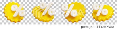 Yellow starburst sticker with percent sign floating in air. 3D render illustration set of round sunburst label with sale and discount sign for promotion. Flying in different angles badge icon. 114867588