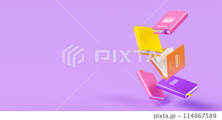 Flying closed and open books with bright hardcover on purple banner. Cartoon 3d render illustration of soar paper literature for school education and library concept. Floating brochure for bookstore. 114867589