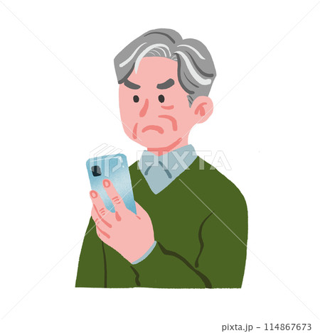 怒った表情でスマホを見ているシニア男性 114867673