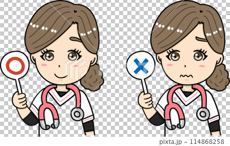 Illustration set of nurses holding round and cross tags 114868258