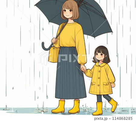 雨傘をさす母と娘 114868285