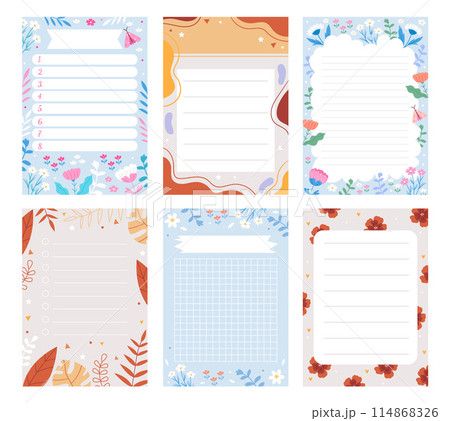 Hand drawn nature paper notes set with leaves and flowers 114868326