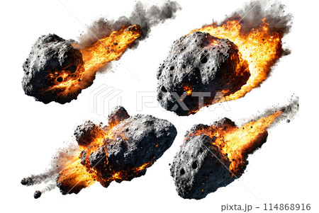set of burning meteorites, asteroids on isolated background 114868916