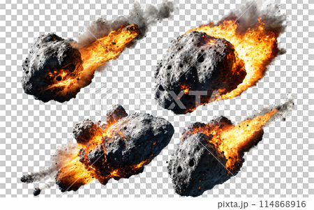 set of burning meteorites, asteroids on isolated background 114868916