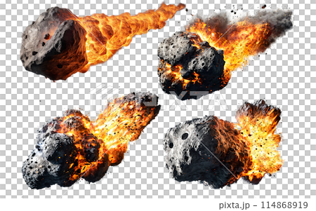 set of burning meteorites, asteroids on isolated background 114868919