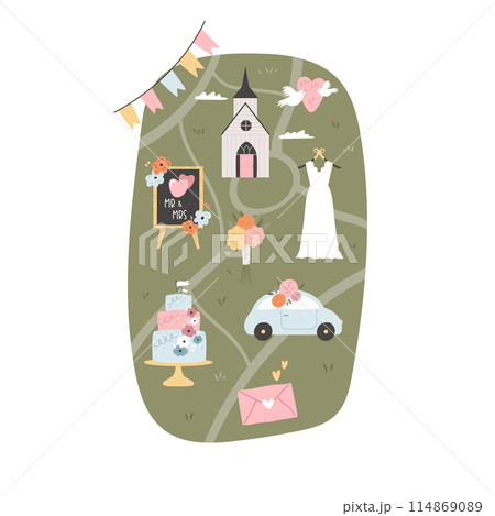 Vector map for wedding day with holiday symbols, icons. Vector map for wedding day with holiday symbols, icons. 114869089