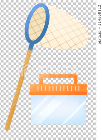 Illustration of a blue butterfly net and an orange butterfly cage Illustration of a blue butterfly net and an orange butterfly cage 114869112