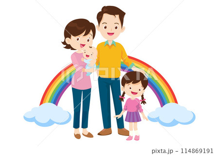 Happy big family in front of house ,rainbow Happy big family in front of house ,rainbow 114869191