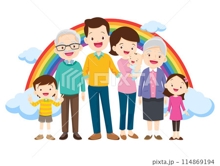 Happy big family in front of house ,rainbow 114869194