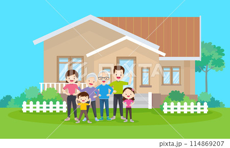 Happy big family in front of house ,rainbow Happy big family in front of house ,rainbow 114869207