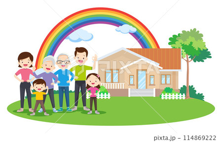 Happy big family in front of house ,rainbow Happy big family in front of house ,rainbow 114869222