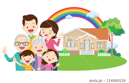 Happy big family in front of house ,rainbow 114869226