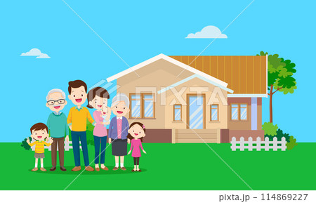 Happy big family in front of house ,rainbow 114869227