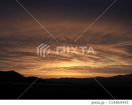 春の香長平野の夕焼け（花と緑の広場） 114869441